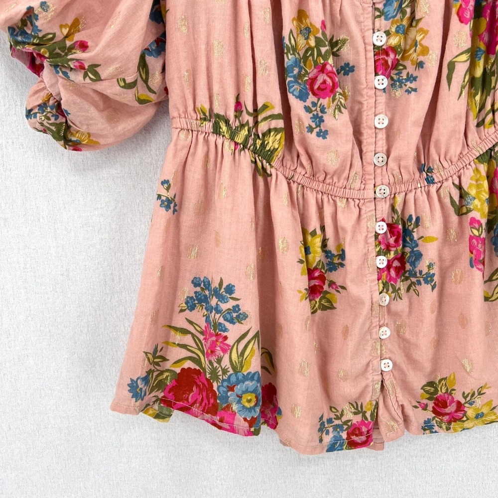 ANTHROPOLOGIE Love The Label Rosette Babydoll Top S Pink Floral Puff Sleeve Boho - Picture 7 of 16